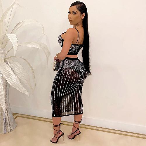 Sexy Women Strapless Straps Hot Drilling Long Skirts Sets NY-2383