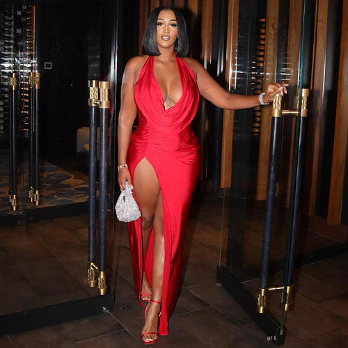 Red Halter Backless Sexy Deep-V Splits Long Dresses DLS-35700
