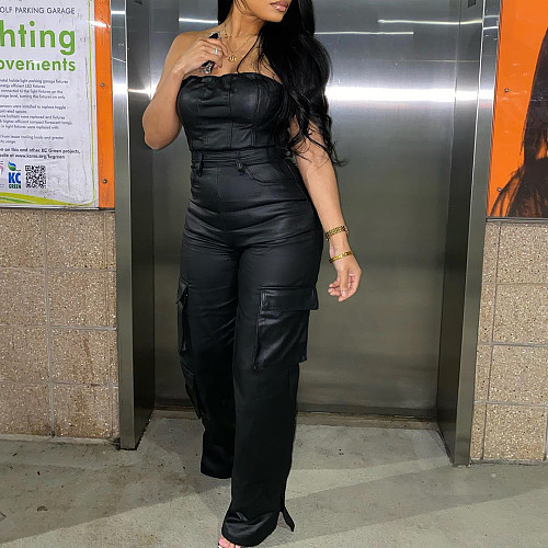 Black PU Leather Sexy Strapless Women Tight Jumpsuits RS-1141834