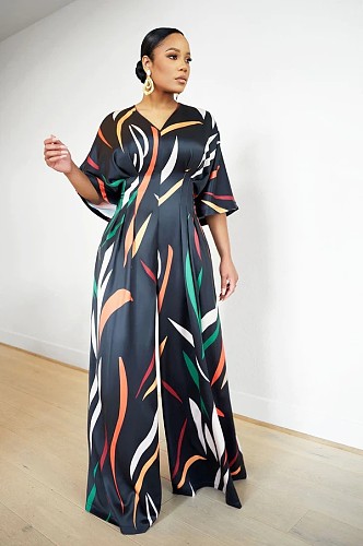 Fashion Printed Batwing Sleeve Slim Women Loose Jumpsuit RS-8508