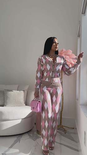 Casual Women's Sweater Diamond Check Cardigan Two-piece Set NIYA-8153