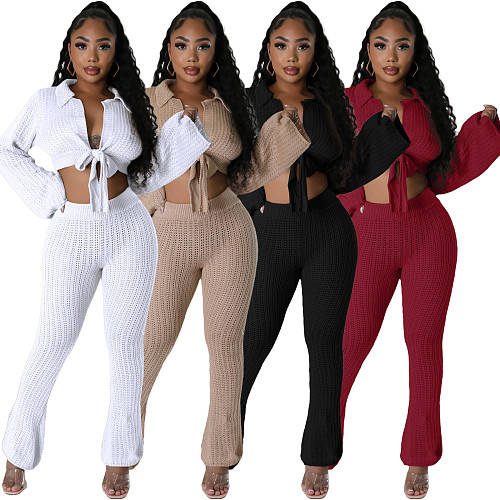 Sexy Women Solid Color Lace-up Knitted Flared Sleeves 2 Pieces Set JP-1088