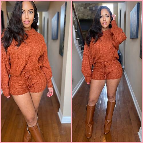 Leisure Women Solid Color Sweater Shorts Two-piece Suits XT-8210