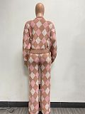 Casual Women's Sweater Diamond Check Cardigan Two-piece Set NIYA-8153