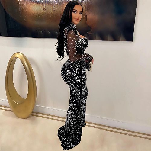 Sexy Hollow Out Hot Drilling Transparent Slim Floor-length Long Dress NY-2620