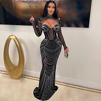 Sexy Hollow Out Hot Drilling Transparent Slim Floor-length Long Dress NY-2620