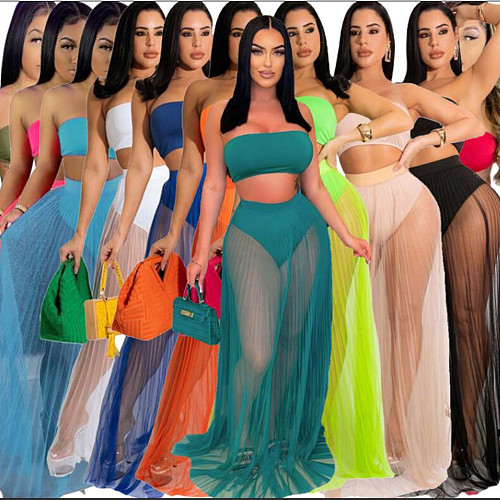 Strapless Crop Top Mesh Pleated See Through Skirt Set LA-3308