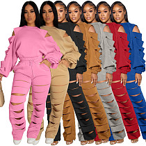Loose Cut Out Holes Crop Tops Straight Pants Suit QY-5280