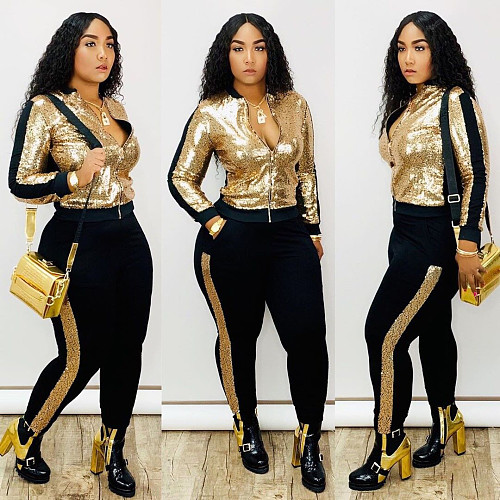 Sequins Casual Zipper Coat Long Pants Two Piece Set QY-5148