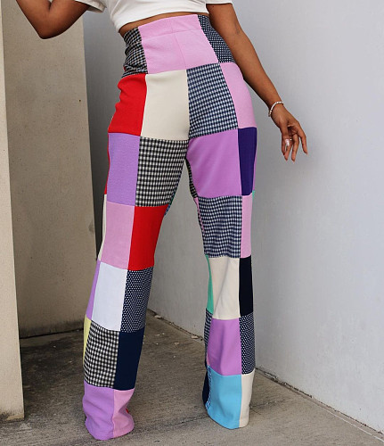 Fashion Print Plaid Patchwork Women Long Wide-leg Pants MDF-5384