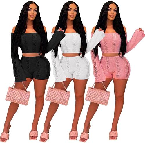 Sexy Off Shoulder Hollow Out Backless Crop Top With Shorts 2 Piece Sets MDF-5383
