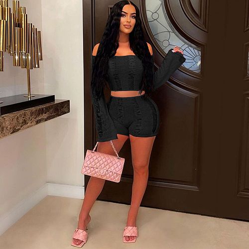 Sexy Off Shoulder Hollow Out Backless Crop Top With Shorts 2 Piece Sets MDF-5383