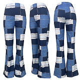 Fashion Print Plaid Patchwork Women Long Wide-leg Pants MDF-5384