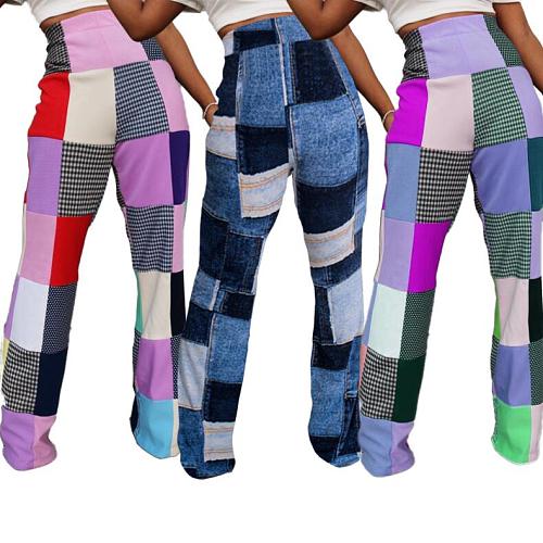 Fashion Print Plaid Patchwork Women Long Wide-leg Pants MDF-5384