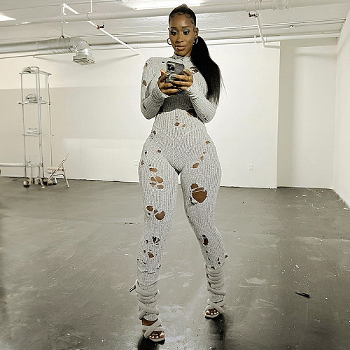 Fashion Ripped Long Sleeve Back Bandage Knit Jumpsuit MXXB-K23JP456