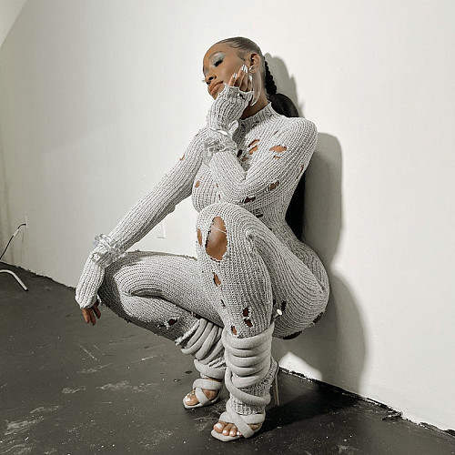 Fashion Ripped Long Sleeve Back Bandage Knit Jumpsuit MXXB-K23JP456