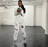 Fashion Ripped Long Sleeve Back Bandage Knit Jumpsuit MXXB-K23JP456