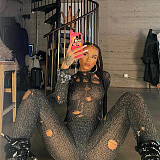 Fashion Ripped Long Sleeve Back Bandage Knit Jumpsuit MXXB-K23JP456