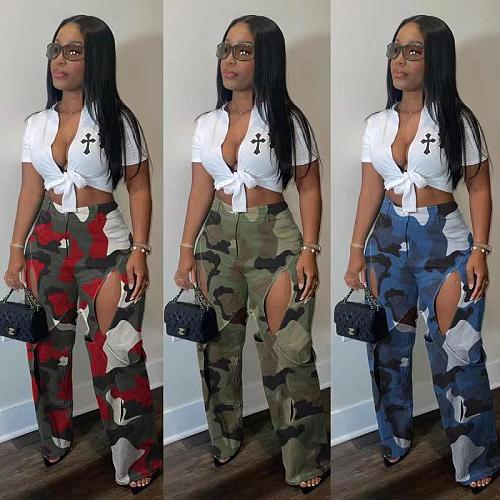 Printed Thigh Ripped Cargo Pants OD-8600