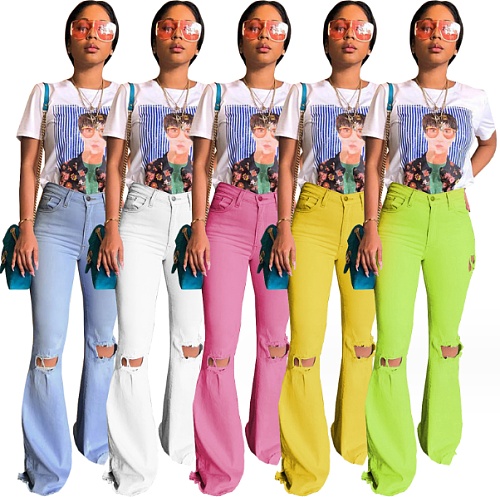Cotton High Elastic Knee Ripped Trumpet Jeans MA-159