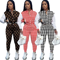 Plaid Patchwork Baseball Jacket Pants Sweatsuit FSL-203