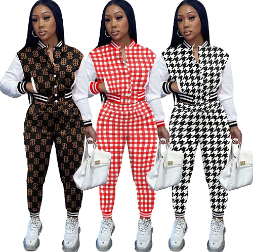 Plaid Patchwork Baseball Jacket Pants Sweatsuit FSL-203