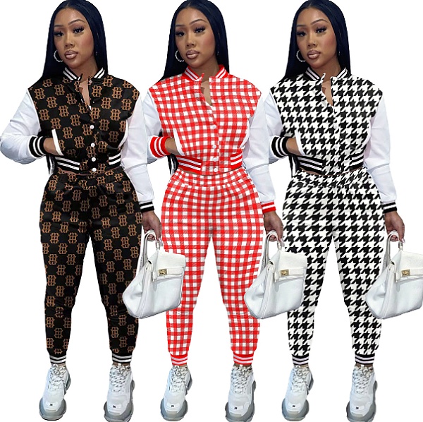 Plaid Patchwork Baseball Jacket Pants Sweatsuit FSL-203