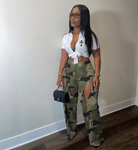 Printed Thigh Ripped Cargo Pants OD-8600