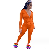 Women's Solid Color Zip-up Hooded Top Slim Pants Set FSL-117