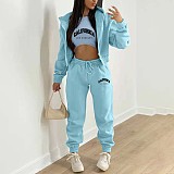 Plush Sweater Letter Printed Hooded Sports Casual Three Pieces Set TK-004