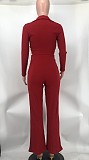 Rib Fabric V-neck Crop Top Wide Leg Pants Two Pieces Set XMY-9463