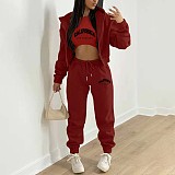 Plush Sweater Letter Printed Hooded Sports Casual Three Pieces Set TK-004