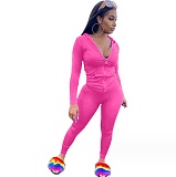Women's Solid Color Zip-up Hooded Top Slim Pants Set FSL-117