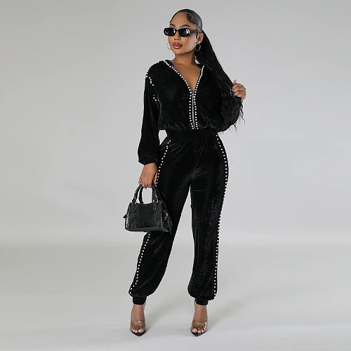 Pearl Decorated Solid Hooded Suede Fashion 2 Pieces Suits YF-10670