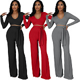 Rib Fabric V-neck Crop Top Wide Leg Pants Two Pieces Set XMY-9463