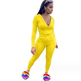 Women's Solid Color Zip-up Hooded Top Slim Pants Set FSL-117