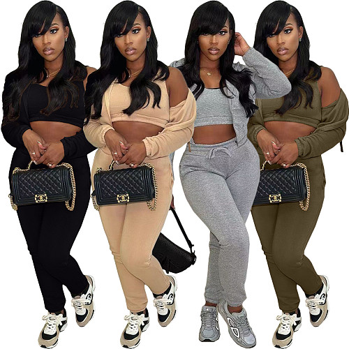 Thick Sweater Hoodied Coat Bra Elasticated Waist Trouser Three Pieces Set TK-6303