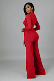 Rib Fabric V-neck Crop Top Wide Leg Pants Two Pieces Set XMY-9463