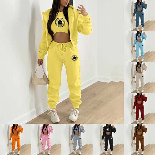 Plush Sweater Letter Printed Hooded Sports Casual Three Pieces Set TK-004