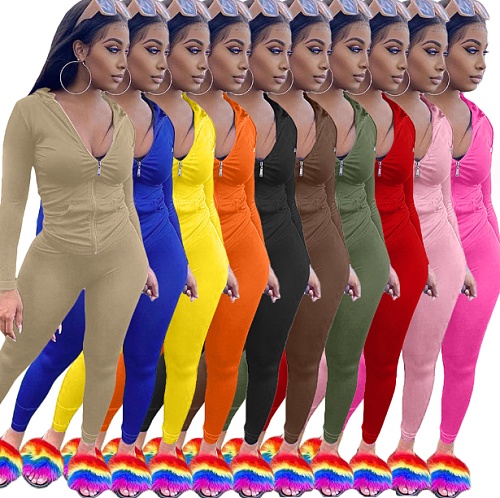 Women's Solid Color Zip-up Hooded Top Slim Pants Set FSL-117