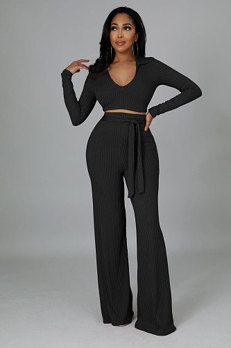 Rib Fabric V-neck Crop Top Wide Leg Pants Two Pieces Set XMY-9463