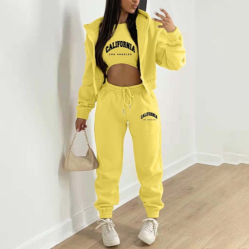 Plush Sweater Letter Printed Hooded Sports Casual Three Pieces Set TK-004