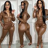 Hooded Casual Sportswear Leather Jacket Tight Pants Set AIL-255