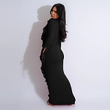 Front Bandage Lotus Collar Slim Long Sleeve Maxi Dress NY-7340