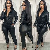 Hooded Casual Sportswear Leather Jacket Tight Pants Set AIL-255