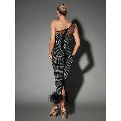 Elegant Ladies Single Shoulder Hot Drilling Black Mesh Feather Long Dress BY-6666