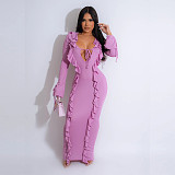 Front Bandage Lotus Collar Slim Long Sleeve Maxi Dress NY-7340