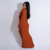 Front Bandage Lotus Collar Slim Long Sleeve Maxi Dress NY-7340