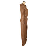 Hooded Casual Sportswear Leather Jacket Tight Pants Set AIL-255