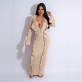 Front Bandage Lotus Collar Slim Long Sleeve Maxi Dress NY-7340